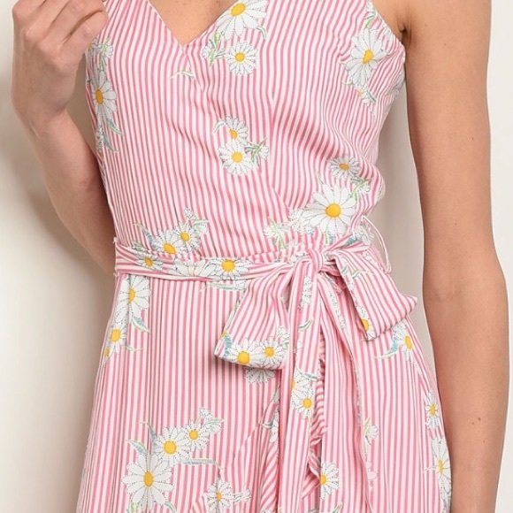 ❌DONATED❌Pink Floral Stripe Ruffle Tie Waist Lined Dress - Picture 2 of 9